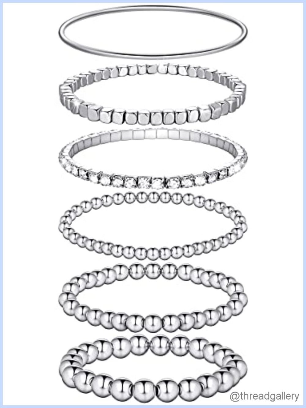 Set of 6 Stretch Beaded Bracelets for Women, Silver Alloy & Resin Tennis Bangle